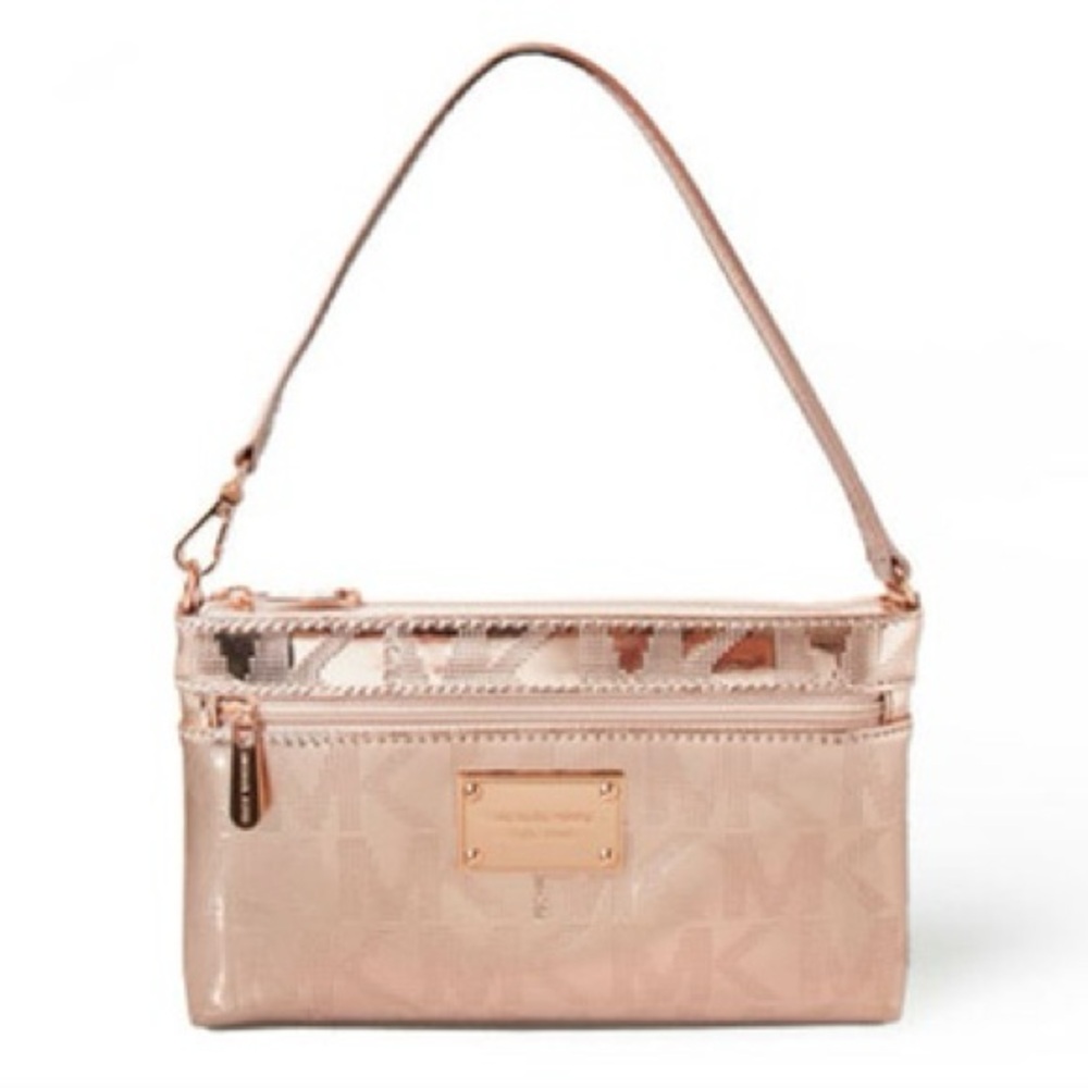 Pre-Owned Rose Gold Michael Kors Mirror Metallic MK Monogram Large Wristlet